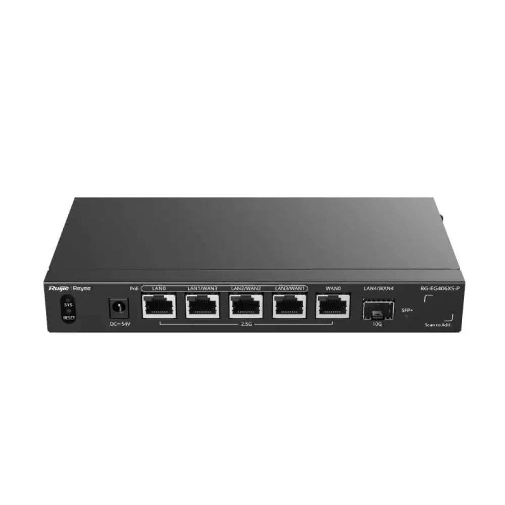 Router con cable Reyee RG-EG406XS-P de RUIJIE NETWORKS, vista de frente mostrando puertos y diseño compacto.