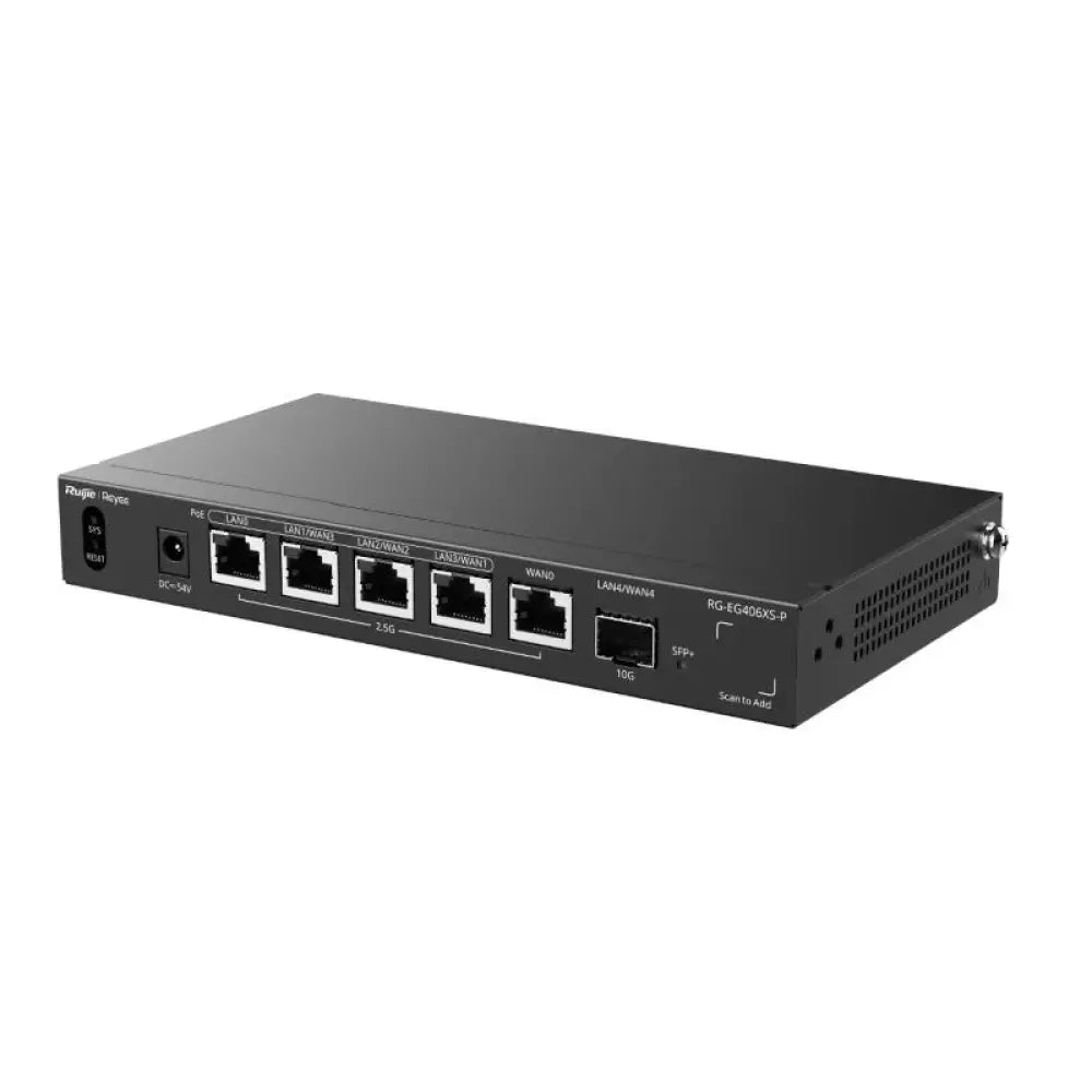 Enrutador cableado Reyee RG-EG406XS-P de Ruijie Networks con seis puertos Gigabit, vista desde el frente en la imagen.