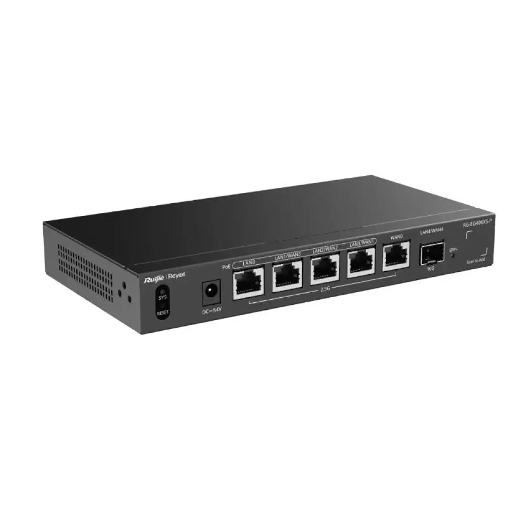 Router con cable Reyee RG-EG406XS-P de Ruijie Networks, vista de sus puertos y diseño compacto.