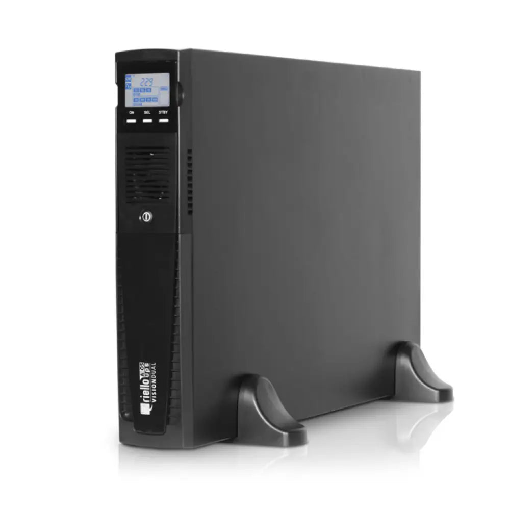 Sistema UPS Riello VSD 1100, línea interactiva de 1.1 kVA y 8 salidas AC para alimentación ininterrumpida.