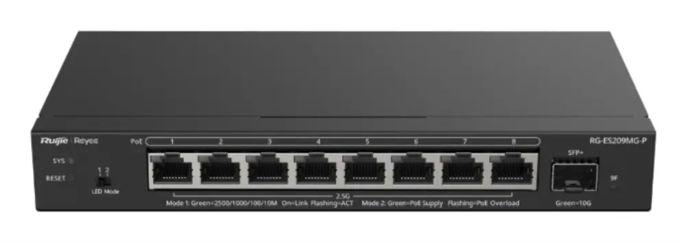 Ruijie Networks RG-ES209MG-P switch No administrado L2 2.5G Ethernet (100/1000/2500) Energía sobre Ethernet (PoE) Negro