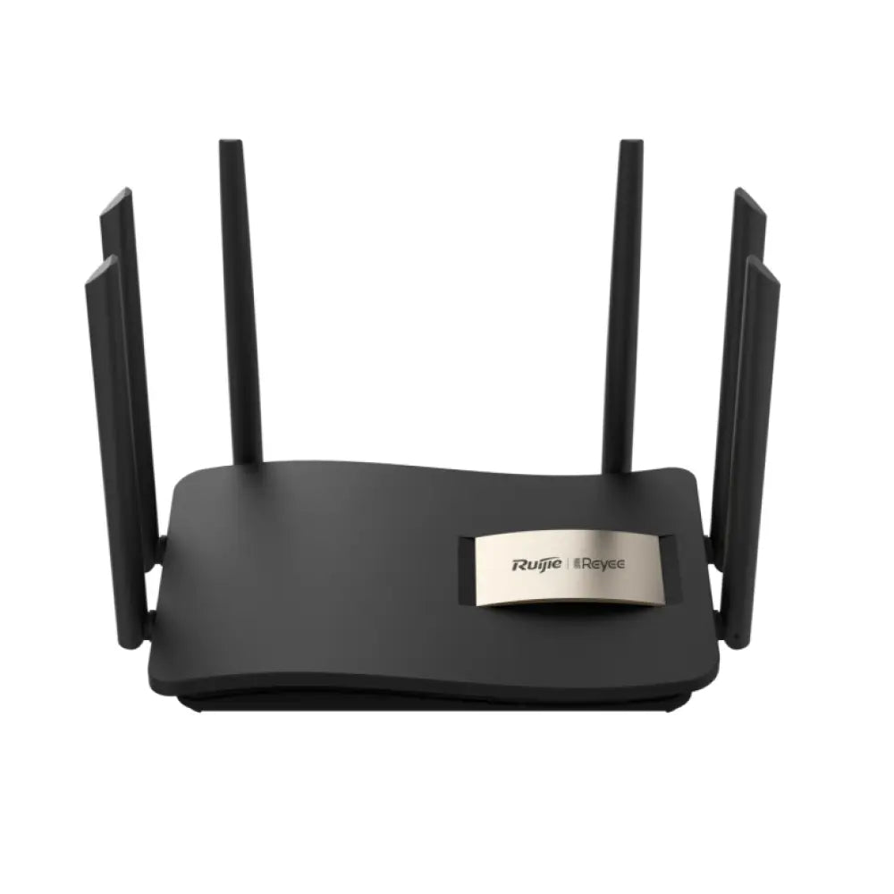 Router inalámbrico Ruijie Networks RG-EW1200G PRO con doble banda, puertos Gigabit Ethernet y diseño negro.