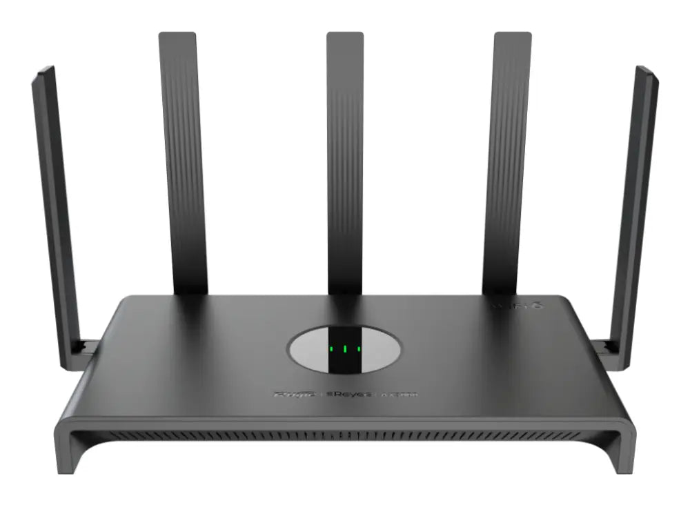 Router inalámbrico Ruijie Networks RG-EW3000GX PRO con doble banda Wi-Fi 6, puertos Gigabit Ethernet y diseño negro.