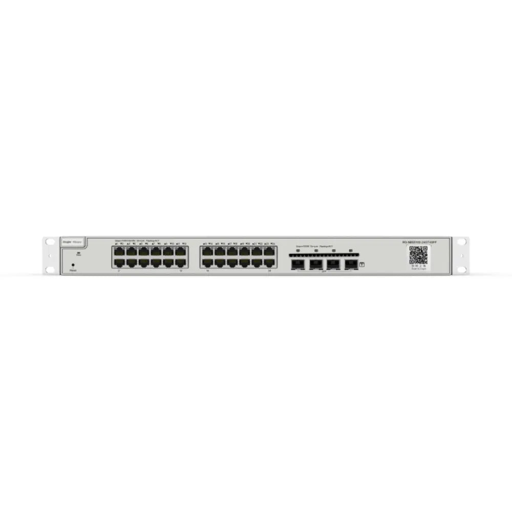 Interruptor gestionado Ruijie Networks RG-NBS5100-24GT4SFP con puertos Gigabit Ethernet en color negro.