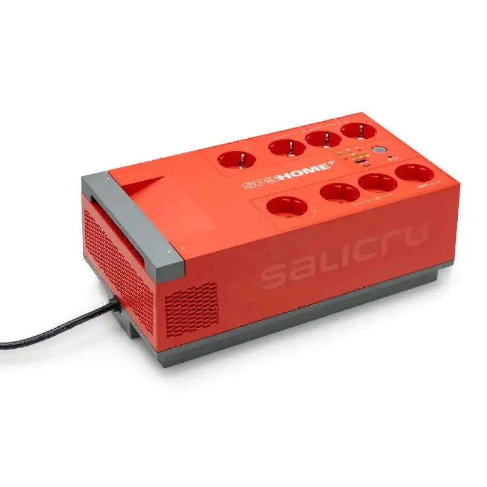 SAI Off-Line Salicru SPS 1000 Home+ de 1000VA, vista frontal con indicador y enchufes, para protección de energía en el hogar
