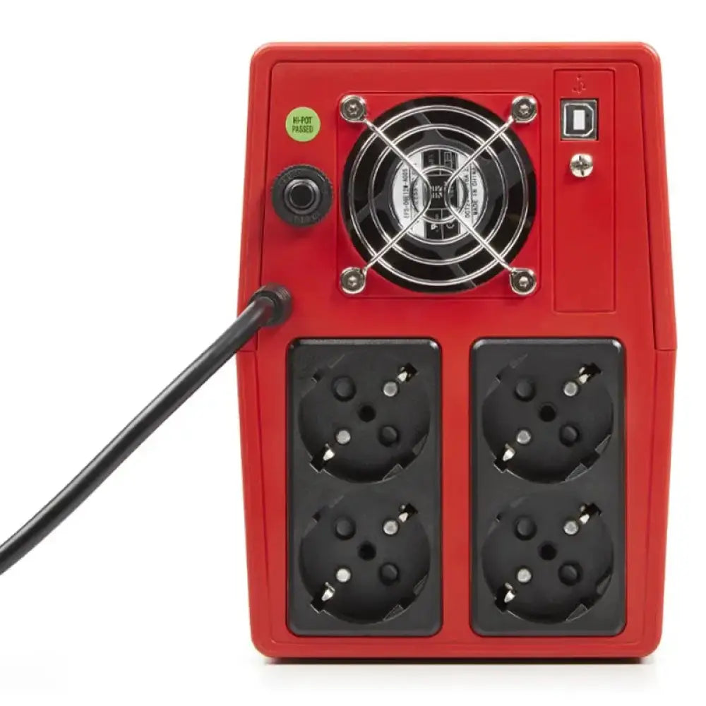SAI Salicru SPS One 2000VA en rojo con pantalla y puertos de conexión para protección de energía.