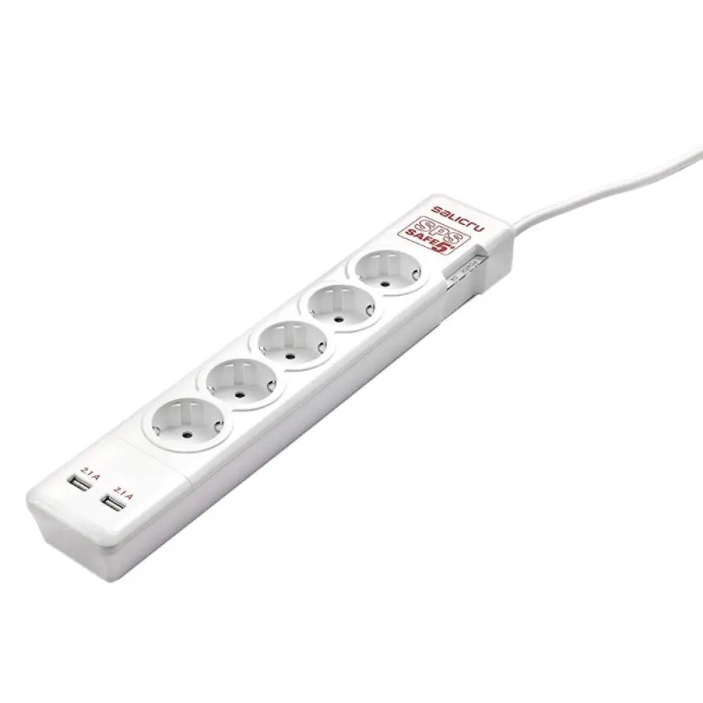 Regleta SALICRU SPS SAFE 5+ con protección y 5 tomas para conexión eléctrica segura en oficina o hogar.