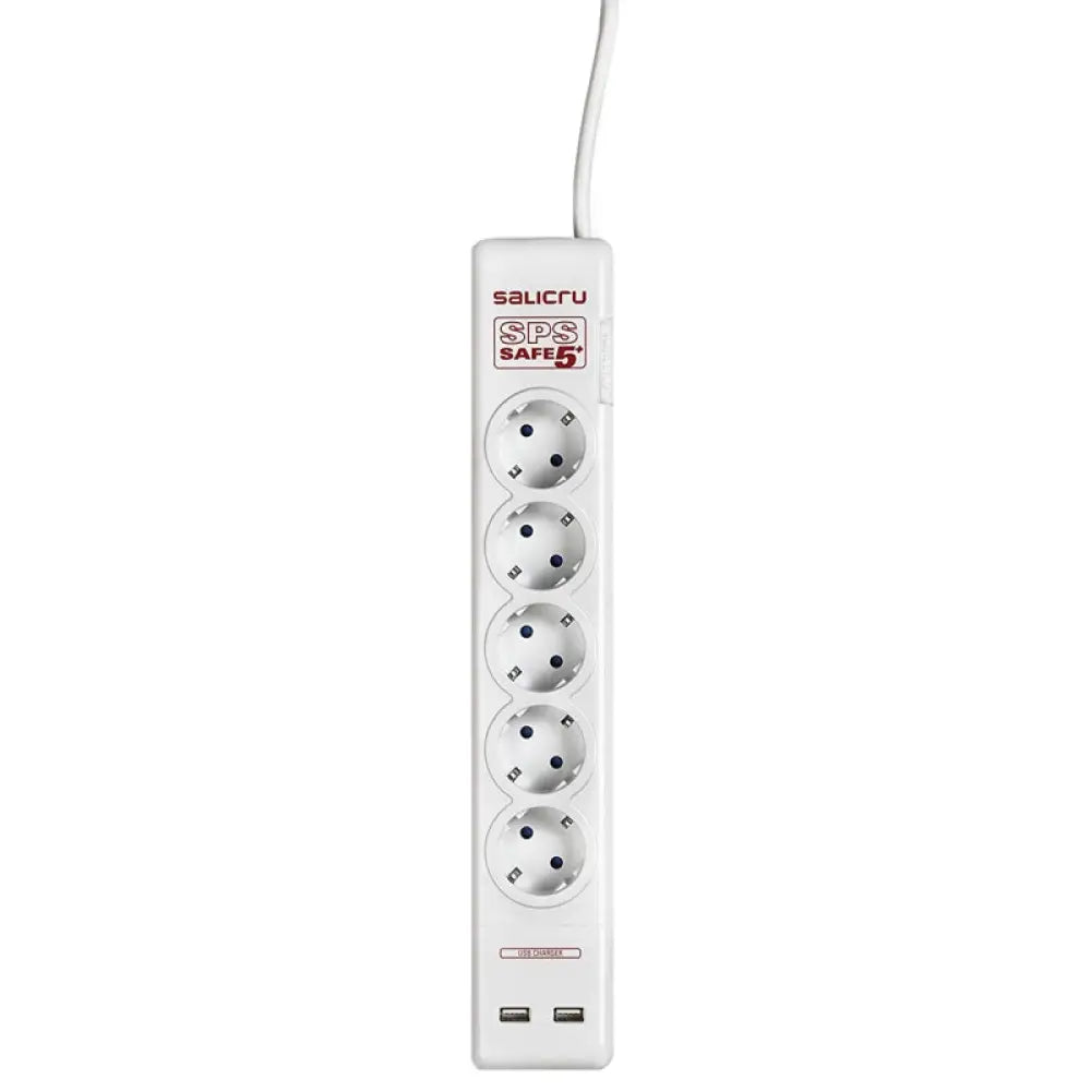 Regleta Salicru SPS SAFE 5+ con protección, 5 tomas para conectar dispositivos eléctricos de forma segura.