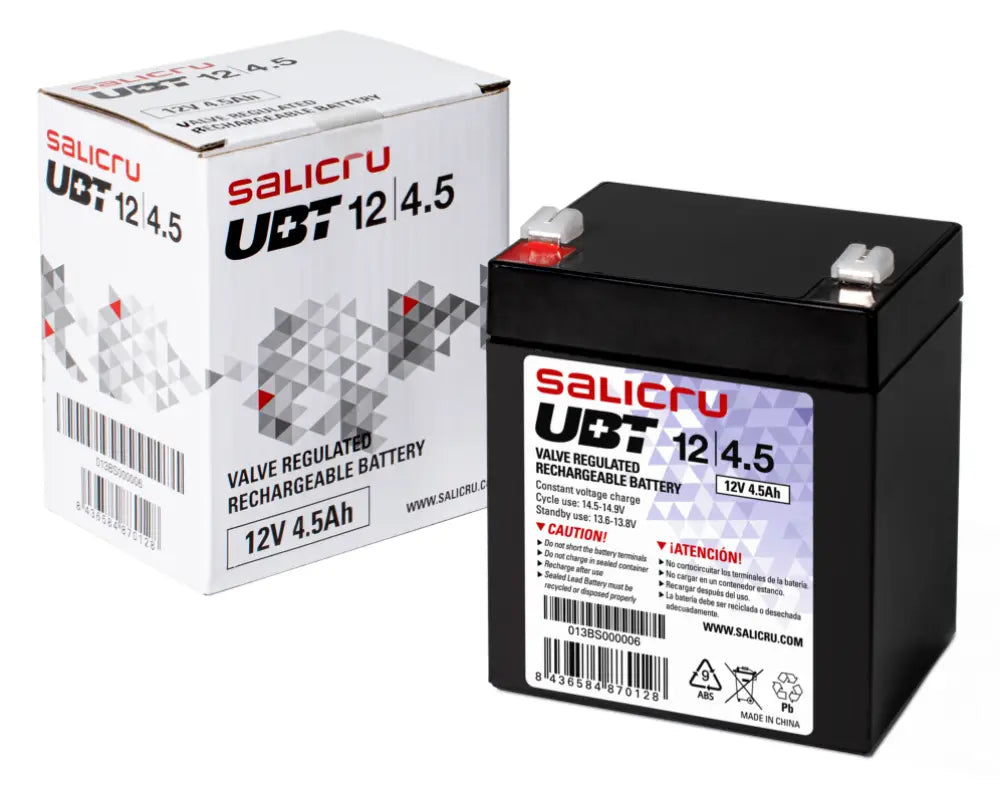 Armario de baterías SALICRU UBT 12/4.5 para sistema SAI, con conexiones y panel de control visibles.