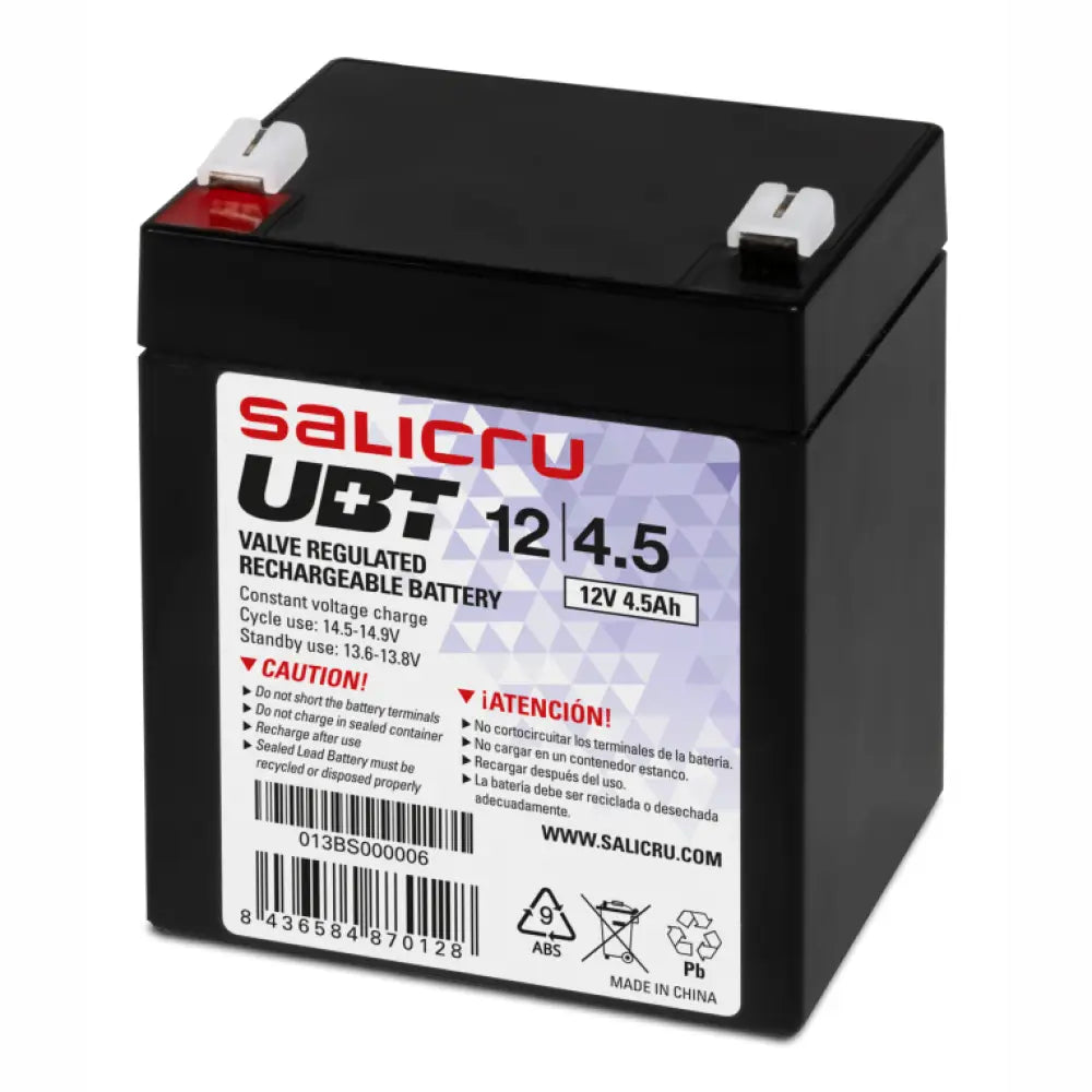 Batería SALICRU UBT 12/4.5 para sistema SAI, mostrada en un armario de baterías para sistemas de alimentación ininterrumpida.