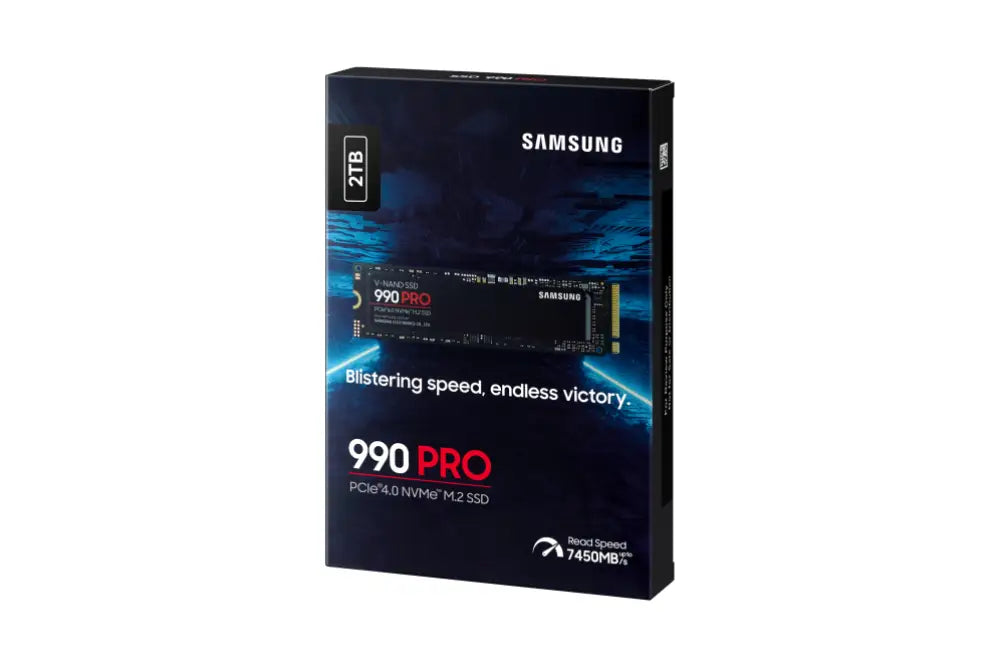 Disco duro interno SSD Samsung 990 PRO 2TB M.2 PCIe 4.0 NVMe V-NAND MLC, vista frontal del dispositivo.
