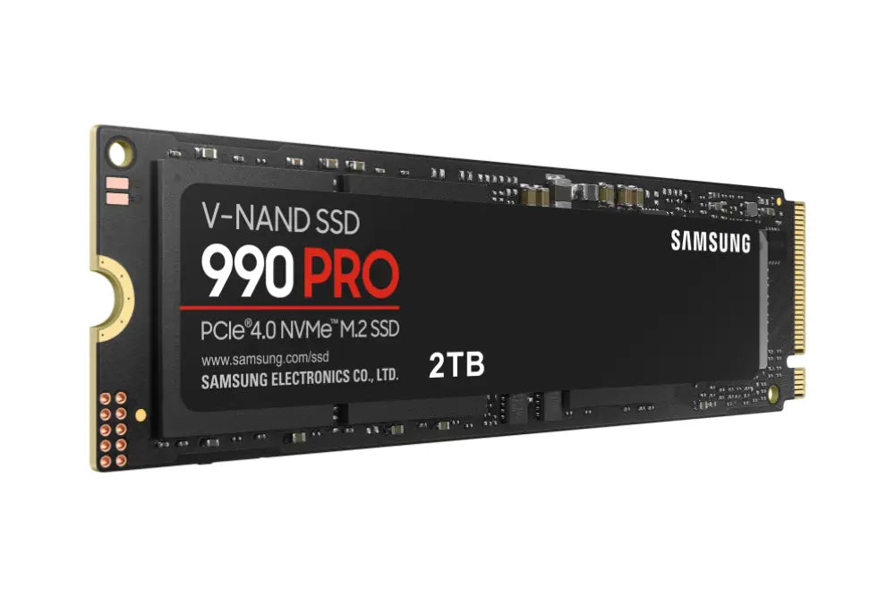 Disco duro interno SSD Samsung 990 PRO 2 TB M.2 PCIe 4.0 NVMe V-NAND MLC, vista frontal en color negro.