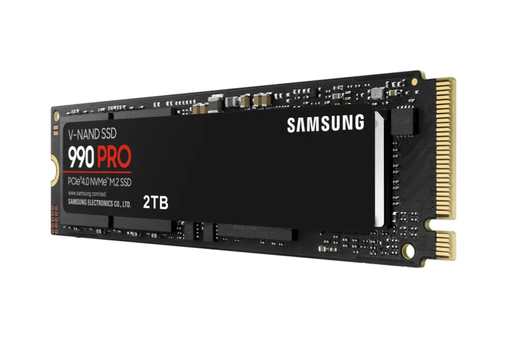 SSD interno Samsung 990 PRO de 2TB con interfaz M.2 PCIe 4.0 NVMe V-NAND MLC, mostrado en la imagen.