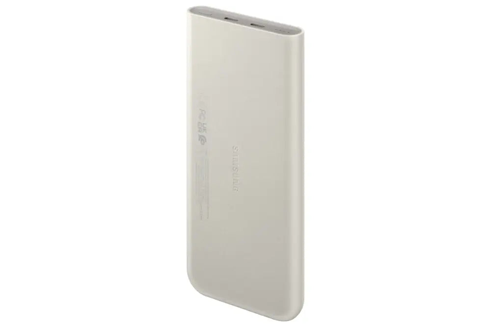 Powerbank Samsung EB-P3400XUE de 10000 mAh, ión de litio, en color beige, con puertos y botones visibles.