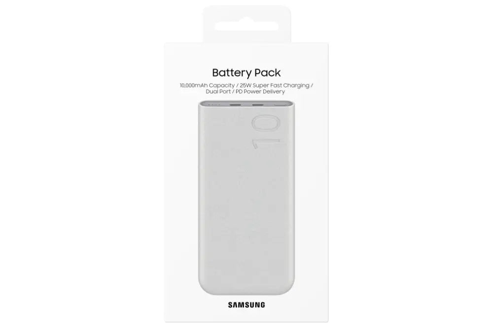 Batería externa Samsung EB-P3400XUE powerbank de 10000 mAh, color beige, con puerto de carga y diseño portátil.