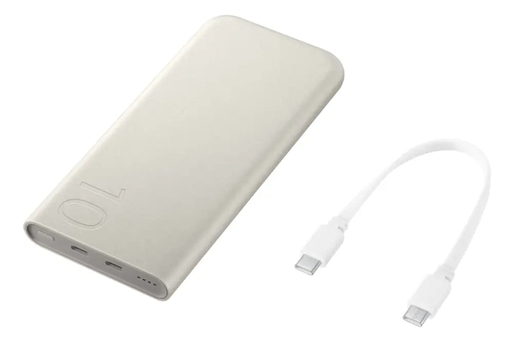 Powerbank Samsung EB-P3400XUE de 10000 mAh en color beige, batería portátil de ion de litio para cargar dispositivos móviles.