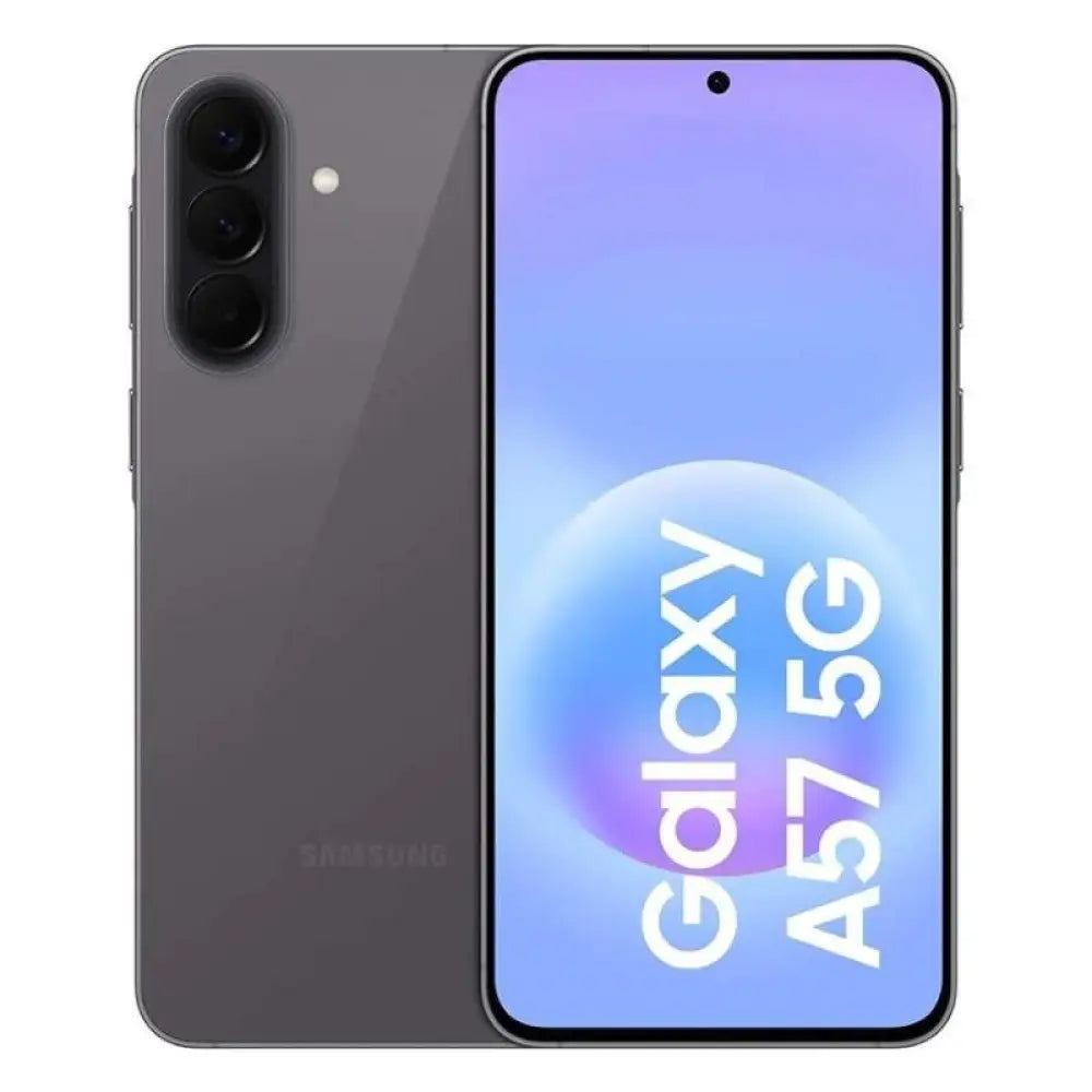Teléfono inteligente Samsung Galaxy A57 gris con 128GB de almacenamiento, pantalla grande y diseño moderno.