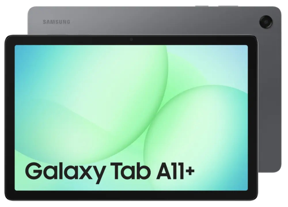 Tableta Samsung Galaxy Tab A11+ gris con pantalla de 11 pulgadas, 128 GB de almacenamiento y 6 GB de RAM en conexión Wi-Fi.