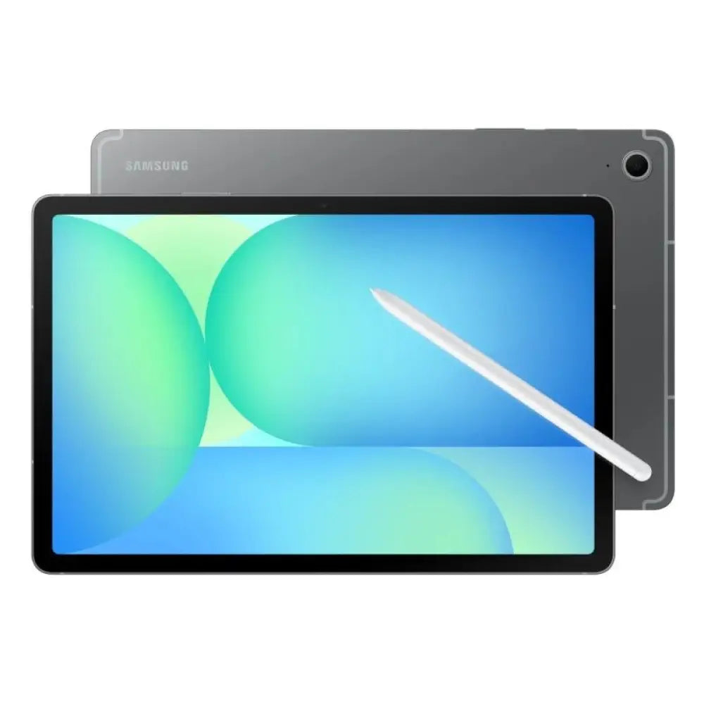 Tableta Samsung Galaxy Tab S10 FE en gris con 12GB de RAM y 256GB de almacenamiento, vista frontal mostrando la pantalla.