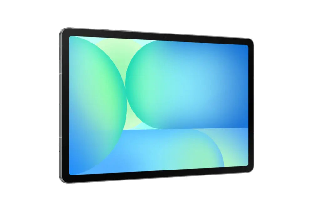 Tableta Samsung Galaxy Tab S10 FE Wi-Fi en color gris con pantalla grande y diseño delgado, vista frontal de la pantalla encendida.