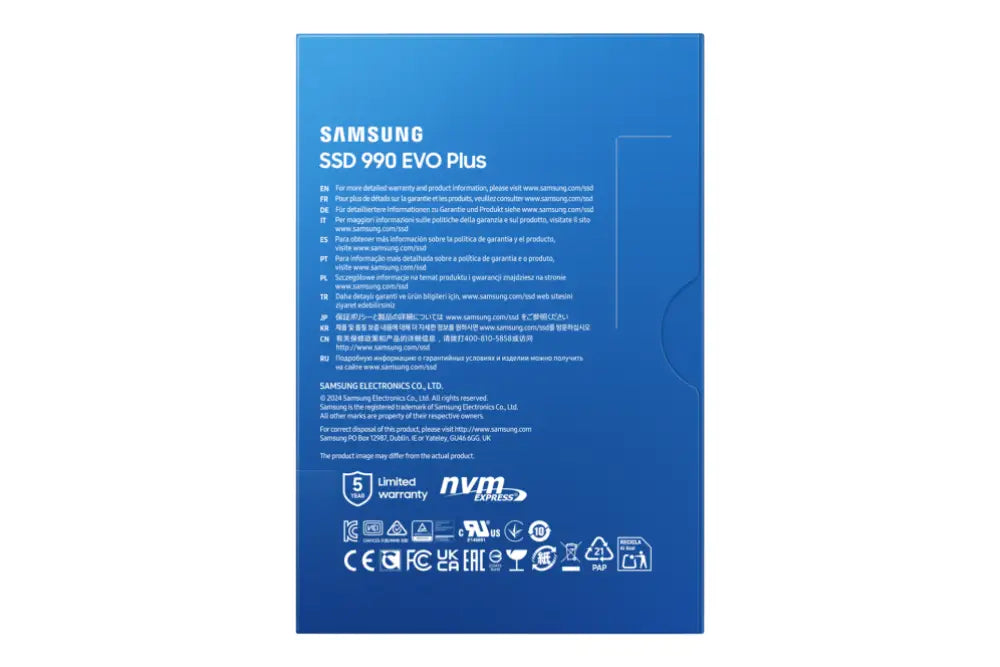Disco duro interno SSD Samsung MZ-V9S2T0 de 2 TB M.2 PCIe 4.0 NVMe V-NAND TLC, vista frontal del dispositivo.