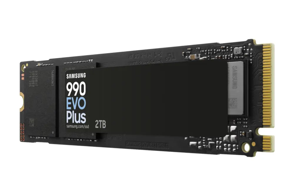 Disco duro interno SSD Samsung MZ-V9S2T0 de 2 TB M.2 PCIe 4.0 NVMe V-NAND TLC, con chips de memoria y conectores.