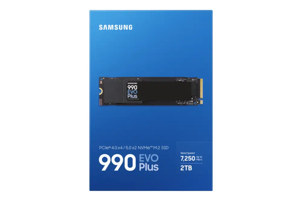 SSD interno Samsung MZ-V9S2T0 de 2 TB M.2 PCIe 4.0 NVMe V-NAND TLC, vista frontal del disco duro.