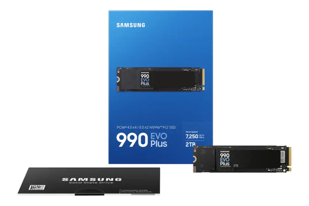 Disco duro interno SSD Samsung M.2 PCIe 4.0 NVMe V-NAND TLC de 2 TB, con carcasa negra y disipador compacto.