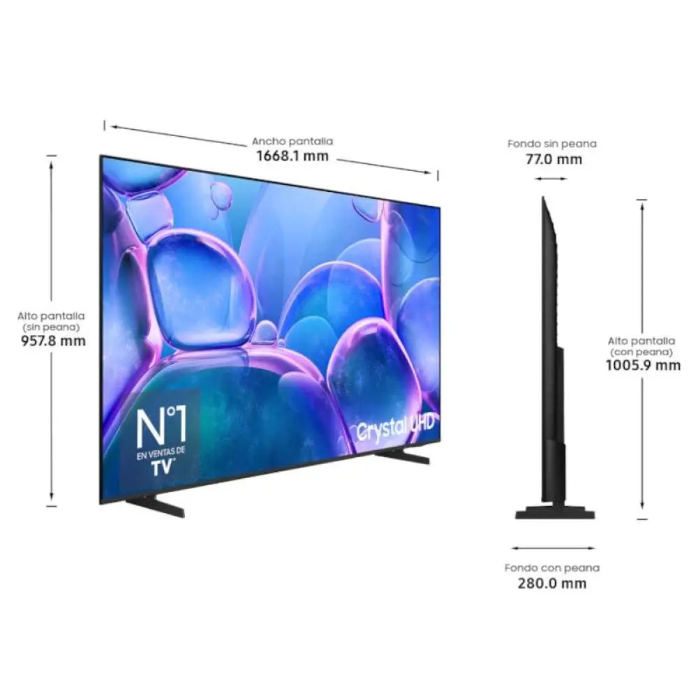 Televisor LED Samsung 75'' TU75U7025F Crystal UHD Smart TV con pantalla grande y resolución 4K, vista frontal encendida.