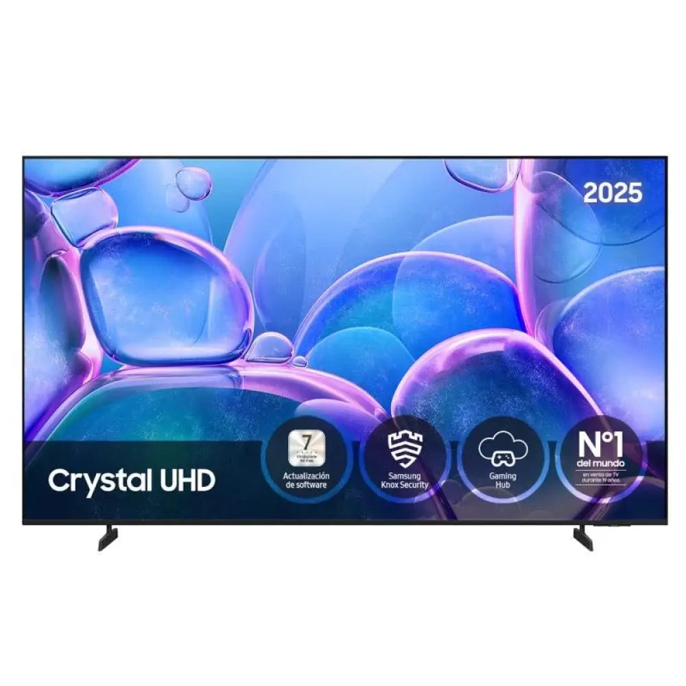 Televisor LED Samsung 75" TU75U7025F Crystal UHD Smart TV mostrado con pantalla grande y controles en el marco.