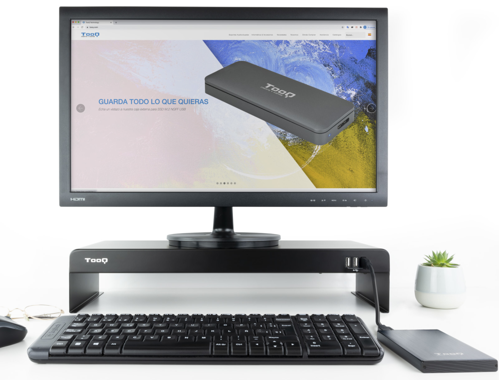 SOPORTE ELEVADOR TOOQ MONITOR/PORTATIL CON 3 PUERTOS USB - detalle