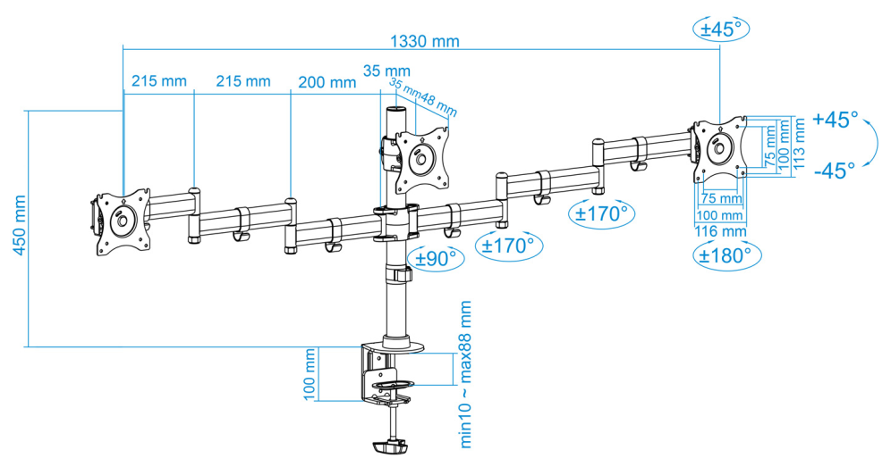 SOPORTE MESA TOOQ DB1327TN-B 3 PANTALLAS 13-27" - detalle