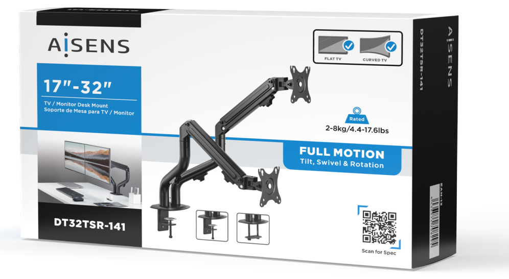 SOPORTE MONITOR AISENS CONTRAPESO GIRATORIO INCLINABLE 2 MONITOR TV 8KG 17”-32” - detalle