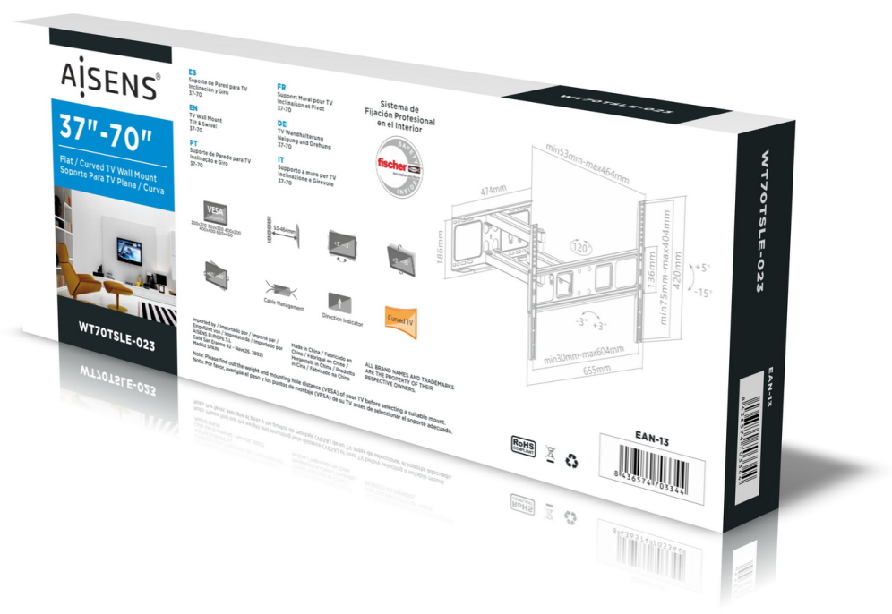 SOPORTE MONITOR AISENS GIRATORIO INCLINABLE NIVELABLE MONITOR/TV 40KG 37"-70" - detalle