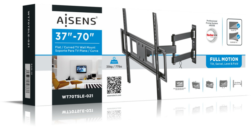 SOPORTE PARED AISENS ECO GIRATORIO INCLINABLE Y NIVELABLE TV 35KG DE 37-70 NEGRO - detalle