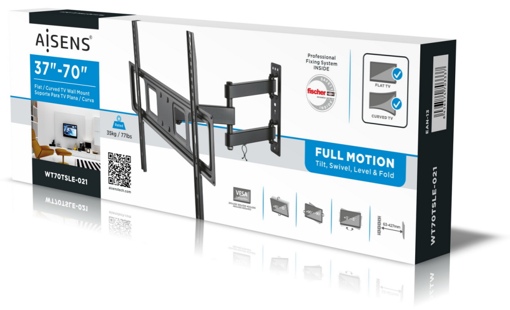 SOPORTE PARED AISENS ECO GIRATORIO INCLINABLE Y NIVELABLE TV 35KG DE 37-70 NEGRO - detalle