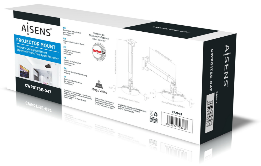 SOPORTE PROYECTOR AISENS TECHO/PARED UNIV INCLINABLE EXTENSIBLE 20KG NEGRO - detalle