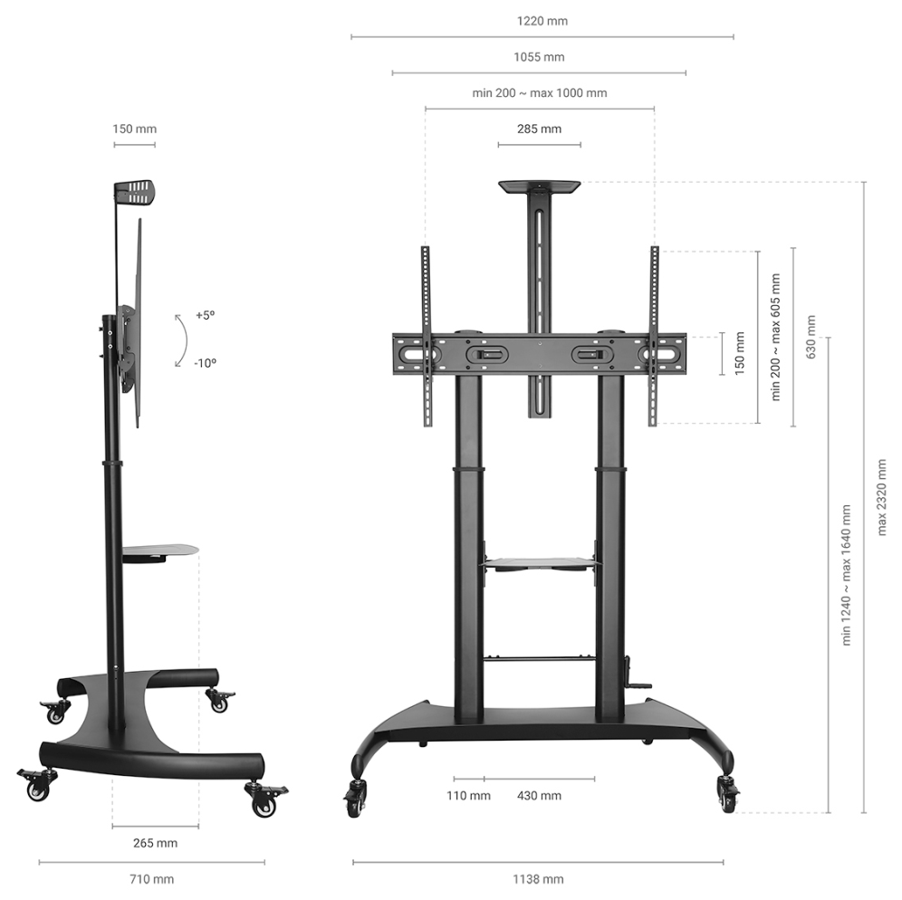 SOPORTE SUELO AISENS RUEDAS/MANIVELA/BANDEJA DVI CAMARA/MONITOR 60"-100"/100KG - detalle
