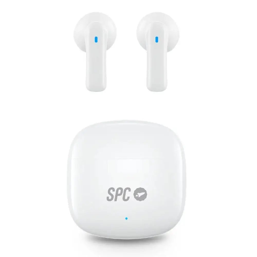 Auriculares SPC Zion 2 BT con micrófono, resistentes al agua IPX4, en color blanco, ideales para llamadas y música.