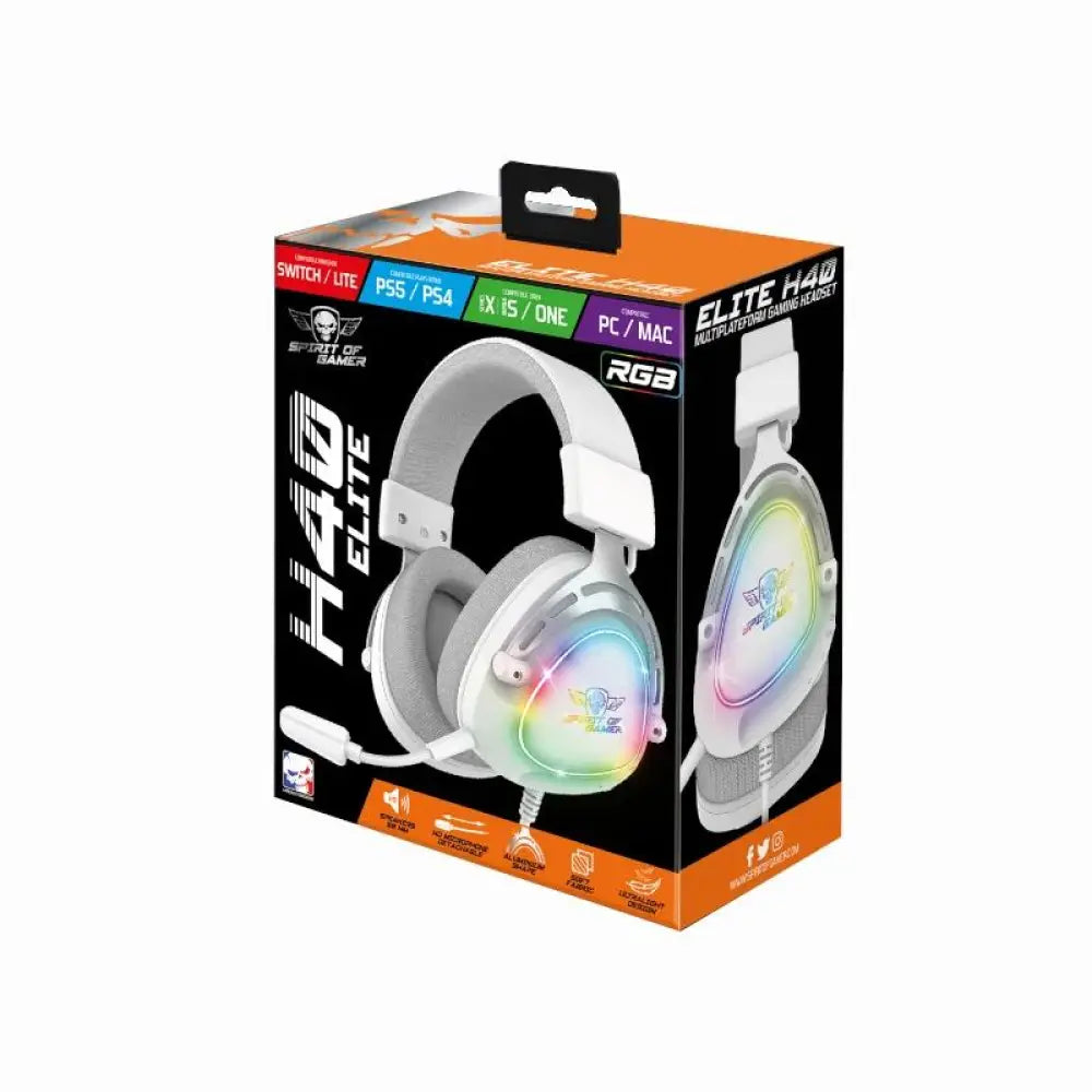 Auriculares con micrófono Spirit of Gamer Elite H-40 en color blanco, cómodos y con buena calidad de audio para gaming.