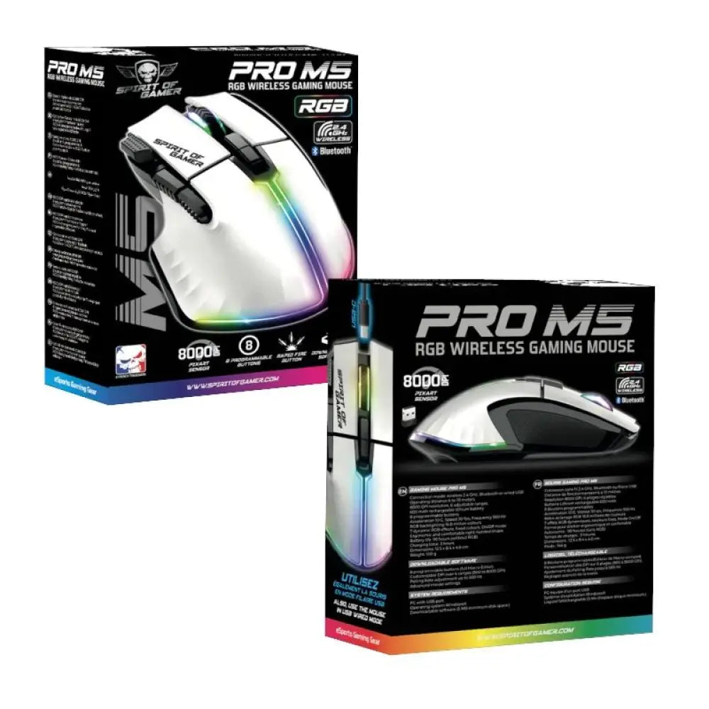 Ratón inalámbrico Spirit of Gamer Pro M5 en color blanco, vista lateral mostrando botones y diseño ergonómico.