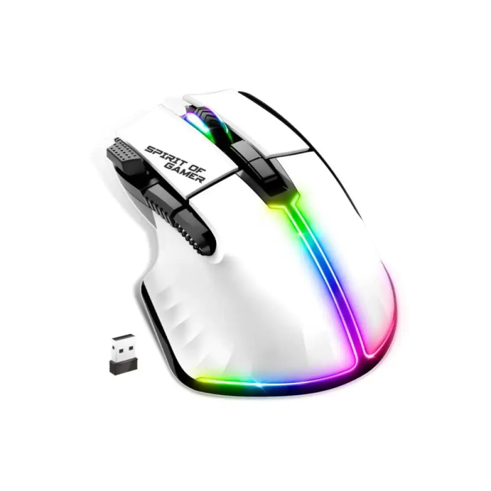 Ratón inalámbrico Spirit of Gamer Pro M5 en color blanco, con diseño ergonómico y botones laterales visibles.