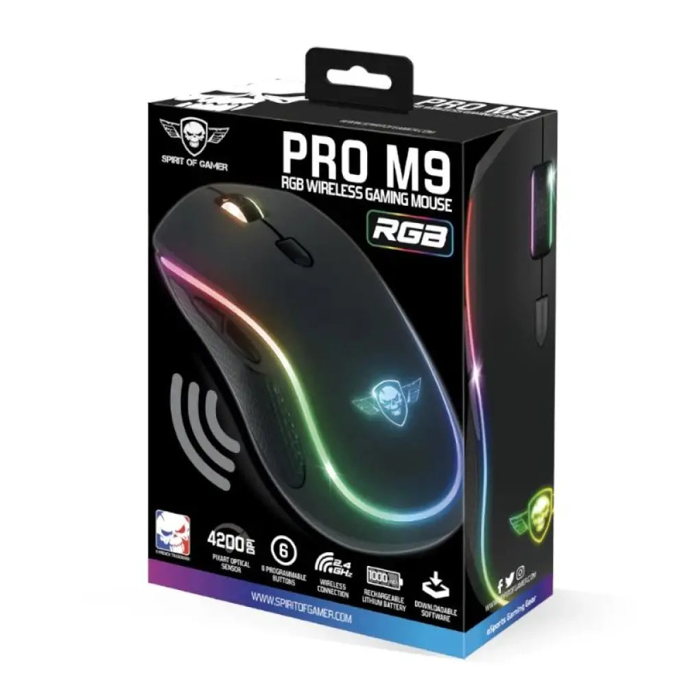 Ratón inalámbrico Spirit of Gamer Pro M9 RGB con diseño ergonómico y luces LED, visible en la imagen.
