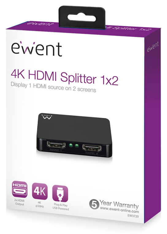 SPLITTER HDMI EWENT 4K 30HZ 1 ENTRADA 2 SALIDAS ALIMENTACION USB - detalle