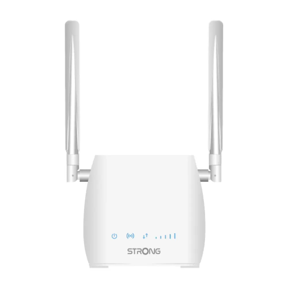 Router inalámbrico STRONG 300M 4G banda única de 2.4 GHz en color blanco, con puertos Ethernet rápidos y diseño compacto.