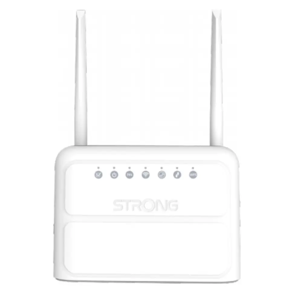 Router Strong 4GROUTER360 de telefonía, puerta de enlace y módem de red móvil, con antenas y puertos en color negro.