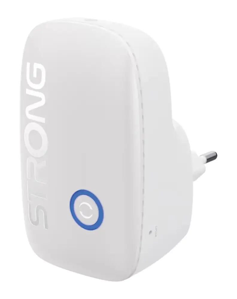 Repetidor de red doble banda Strong en color blanco con antenas y puertos para mejorar la señal Wi-Fi de 1200 Mbit/s.