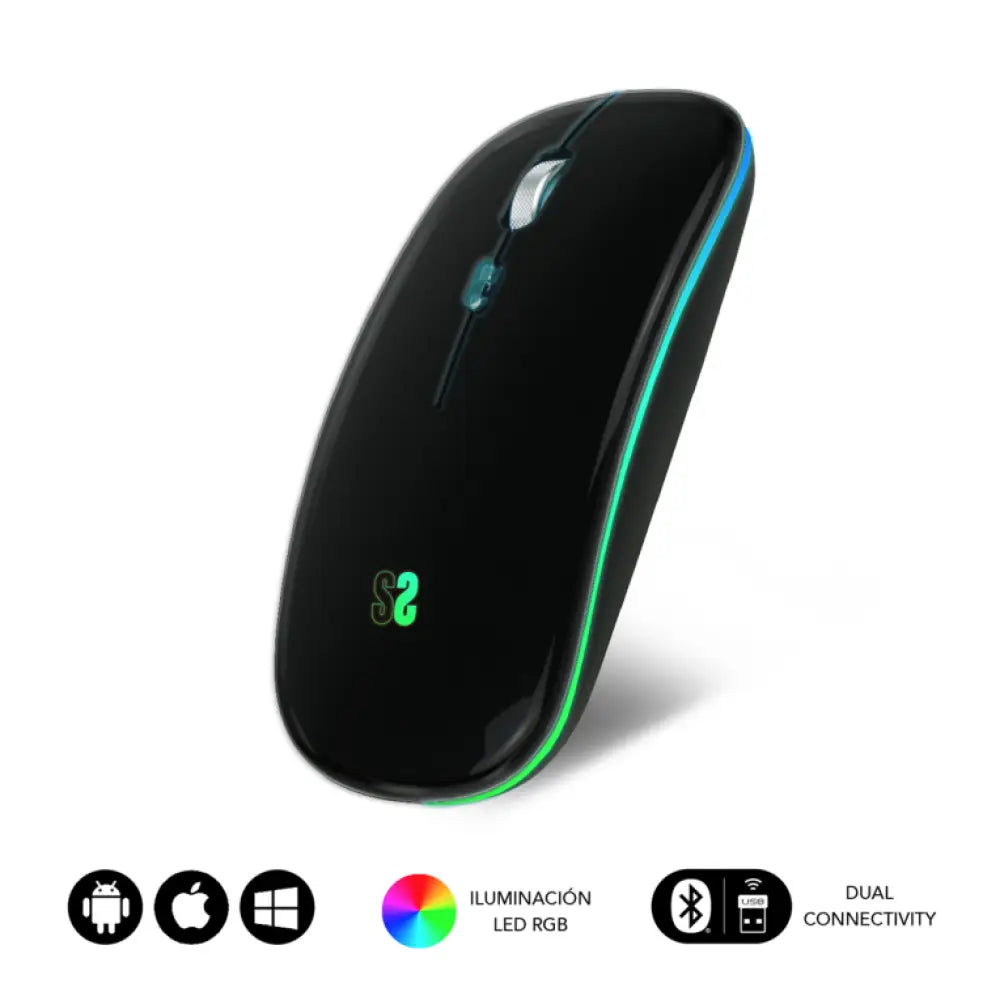 Ratón inalámbrico SUBBLIM Bluetooth y RF con luces RGB, diseño plano en color negro, para uso en ordenadores.