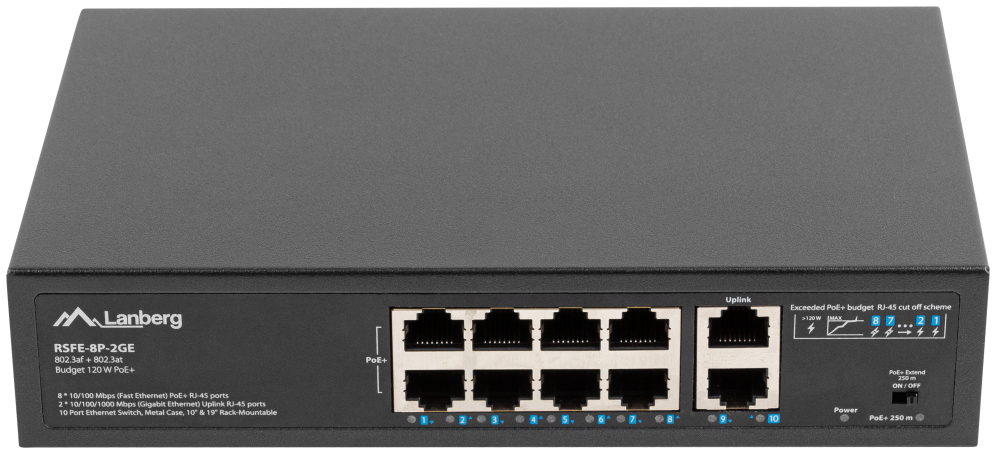 SWITCH LANBERG 10 PTOS 100MB 8xPOE+/2x GBIT ETHER 120W RACK 10"/19"