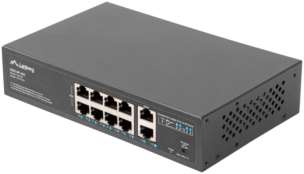 SWITCH LANBERG 10 PTOS 100MB 8xPOE+/2x GBIT ETHER 120W RACK 10"/19" - detalle